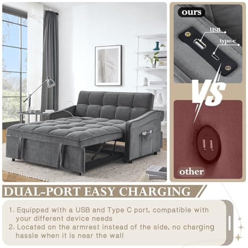 Modern Velvet Sleeper Sofa Couch with USB Port, Pull Out Bed, Curved Armrest - Grey