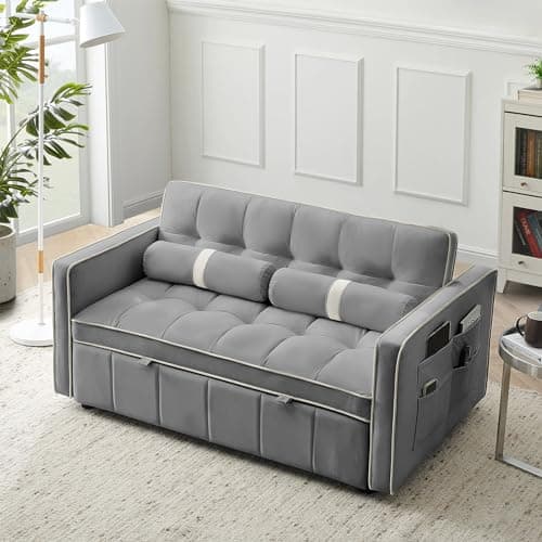3-in-1 Sleeper Sofa Bed with Velvet Tufted Pull Out Couch, Adjustable Backrest (Grey)