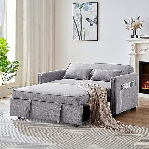 JEEOHEY 3-in-1 Convertible Sleeper Sofa Bed, 54 Linen Fabric Modern Pull Out Couch Bed, Comfy Futon Love Seat Sofa with Adjustable Backrest & Pillows, Beige