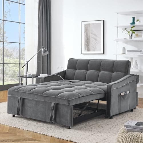 Modern Velvet Sleeper Sofa Couch with USB Port, Pull Out Bed, Curved Armrest - Grey