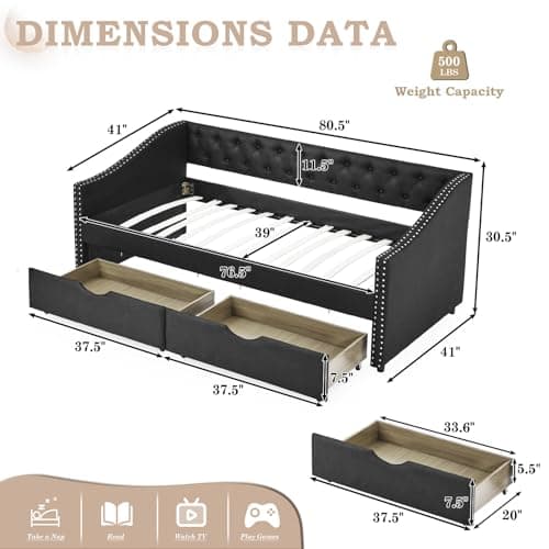 JEEOHEY Daybed with Storage, Linen Twin Sofa Bed with Nailhead Trim & 2 Drawers (Black)