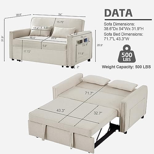 JEEOHEY 3-in-1 Convertible Sleeper Sofa Bed, 54 Linen Fabric Modern Pull Out Couch Bed, Comfy Futon Love Seat Sofa with Adjustable Backrest & Pillows, Beige