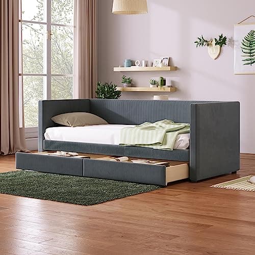 Velvet Daybed with Storage Drawers and Striped Headboard Design