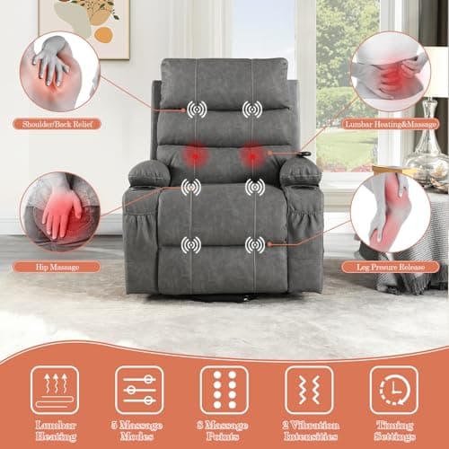 Electric Power Lift Recliner Chair for Elderly with Massage & Heat, PU Leather, Grey