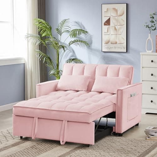 Convertible Sleeper Sofa Bed, Velvet Upholstered Futon Couch with Adjustable Backrest (Grey)