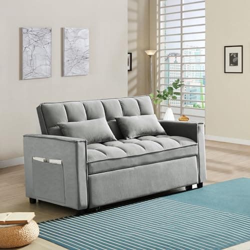 Convertible Sleeper Sofa Bed, Velvet Upholstered Futon Couch with Adjustable Backrest (Grey)