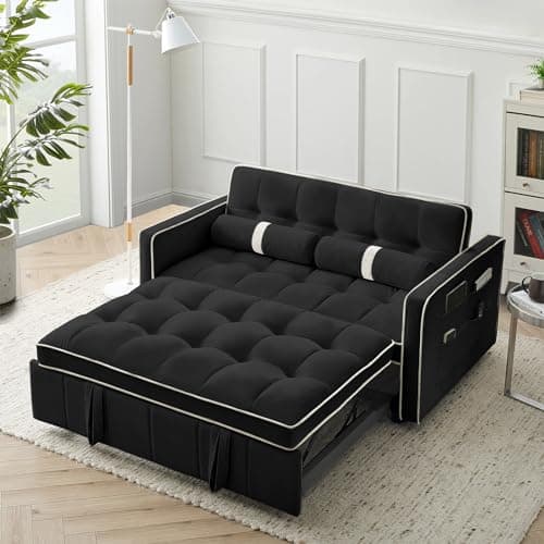 3-in-1 Sleeper Sofa Bed with Velvet Tufted Pull Out Couch, Adjustable Backrest (Grey)