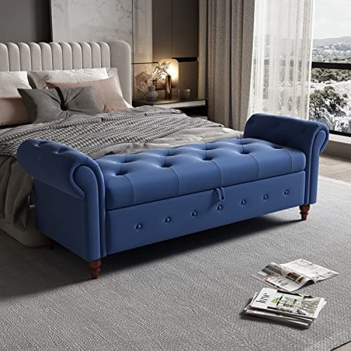 Button Tufted Storage Bench for Bedroom, Linen Fabric Upholstered Ottoman Bench (Dark Grey)