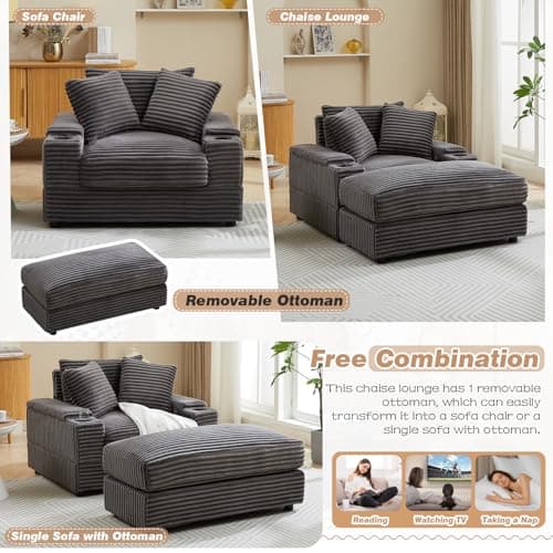 Oversized Chaise Lounge Chair with Ottoman and Storage for Living Room or Office (Grey)