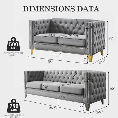 Oversized Velvet Chesterfield Sofa Set, Modern Couch Chair with Button Nailhead