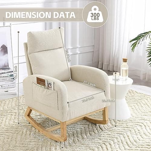 Modern Nursery Rocking Chair with Side Pockets & Solid Wood Legs (Fabric-Beige)