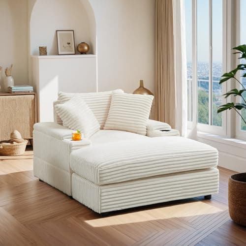 Oversized Chaise Lounge Chair with Ottoman, Corduroy Upholstered Sofa Couch, Storage Spaces&Cup Holder, Reclining Sleeper Chair for Living Room, Office.
