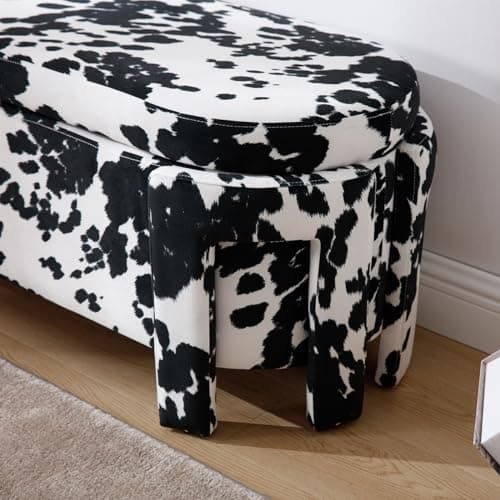 Modern Upholstered Storage Bench, Velvet Fabric 47 Long Entryway Bench with Storage and Seating, Cow Pattern