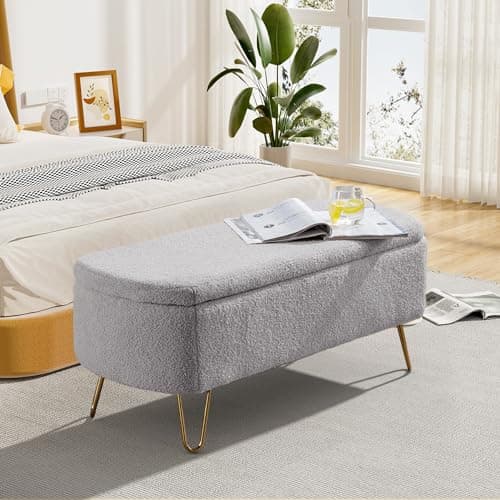 Sherpa Upholstered Storage Ottoman Bench with Gold Legs