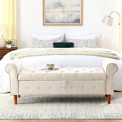 Button Tufted Storage Bench for Bedroom, Linen Fabric Upholstered Ottoman Bench (Dark Grey)