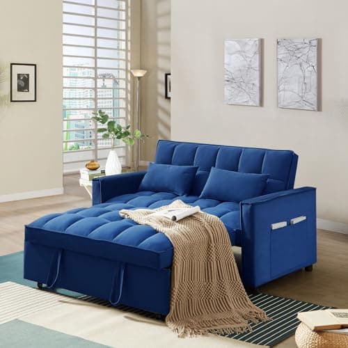 Convertible Sleeper Sofa Bed, Velvet Upholstered Futon Couch with Adjustable Backrest (Grey)