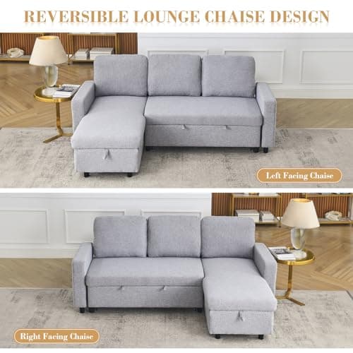 Linen L Shape Convertible Sectional Sofa with Pull Out Bed and Storage Chaise