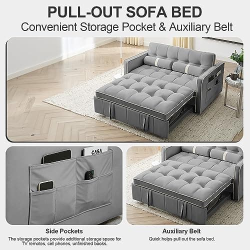 3-in-1 Sleeper Sofa Bed with Velvet Tufted Pull Out Couch, Adjustable Backrest (Grey)