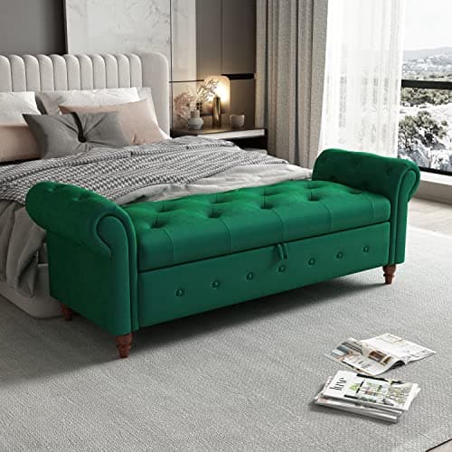 Button Tufted Storage Bench for Bedroom, Linen Fabric Upholstered Ottoman Bench (Dark Grey)