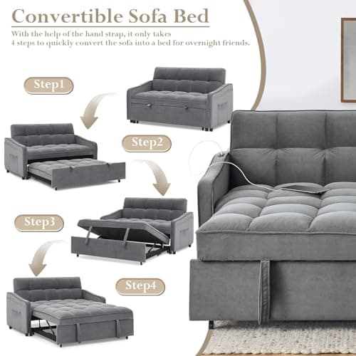 Modern Velvet Sleeper Sofa Couch with USB Port, Pull Out Bed, Curved Armrest - Grey