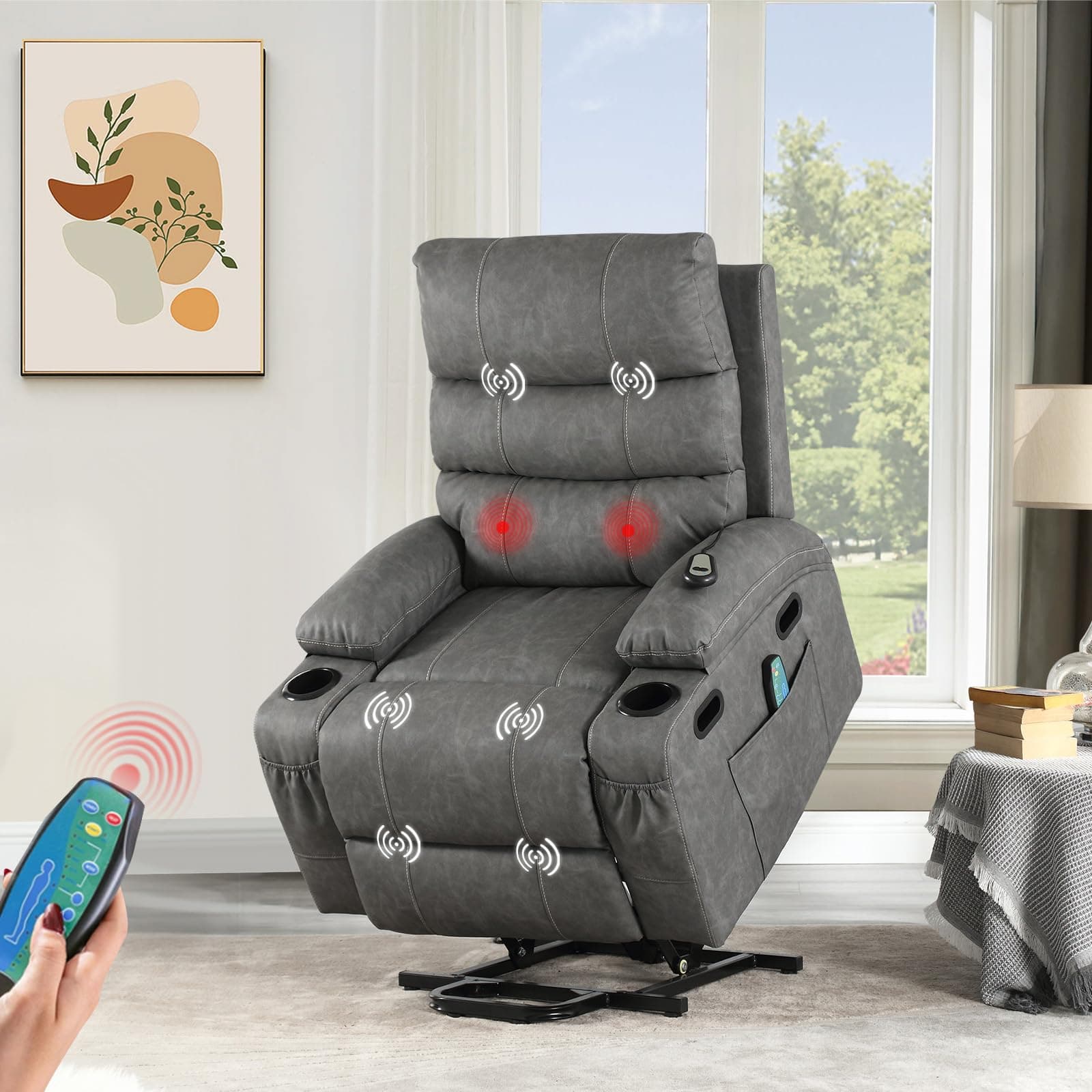 Electric Power Lift Recliner Chair for Elderly with Massage & Heat, PU Leather, Grey