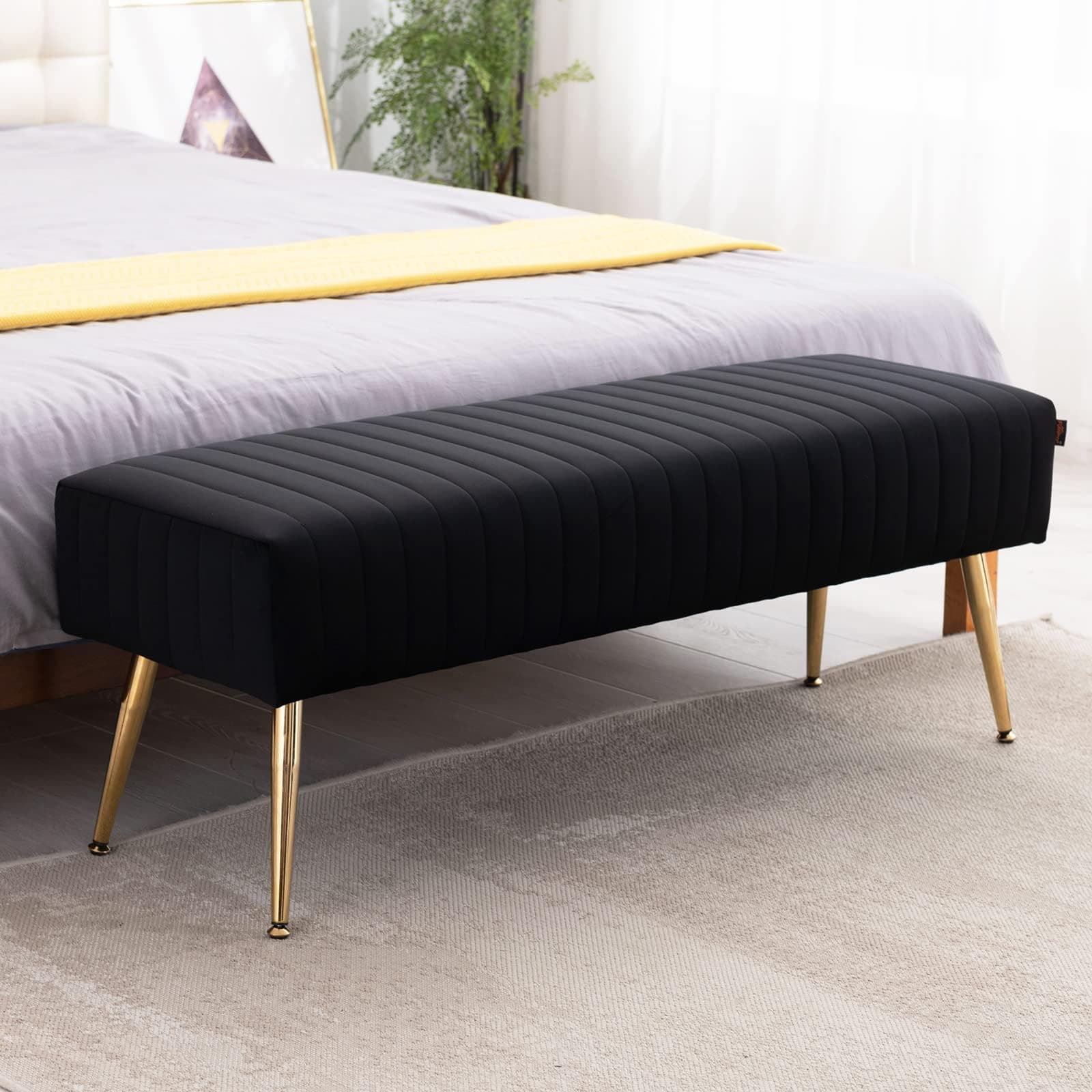 44 inch black bedroom ottoman bench with gold legs
