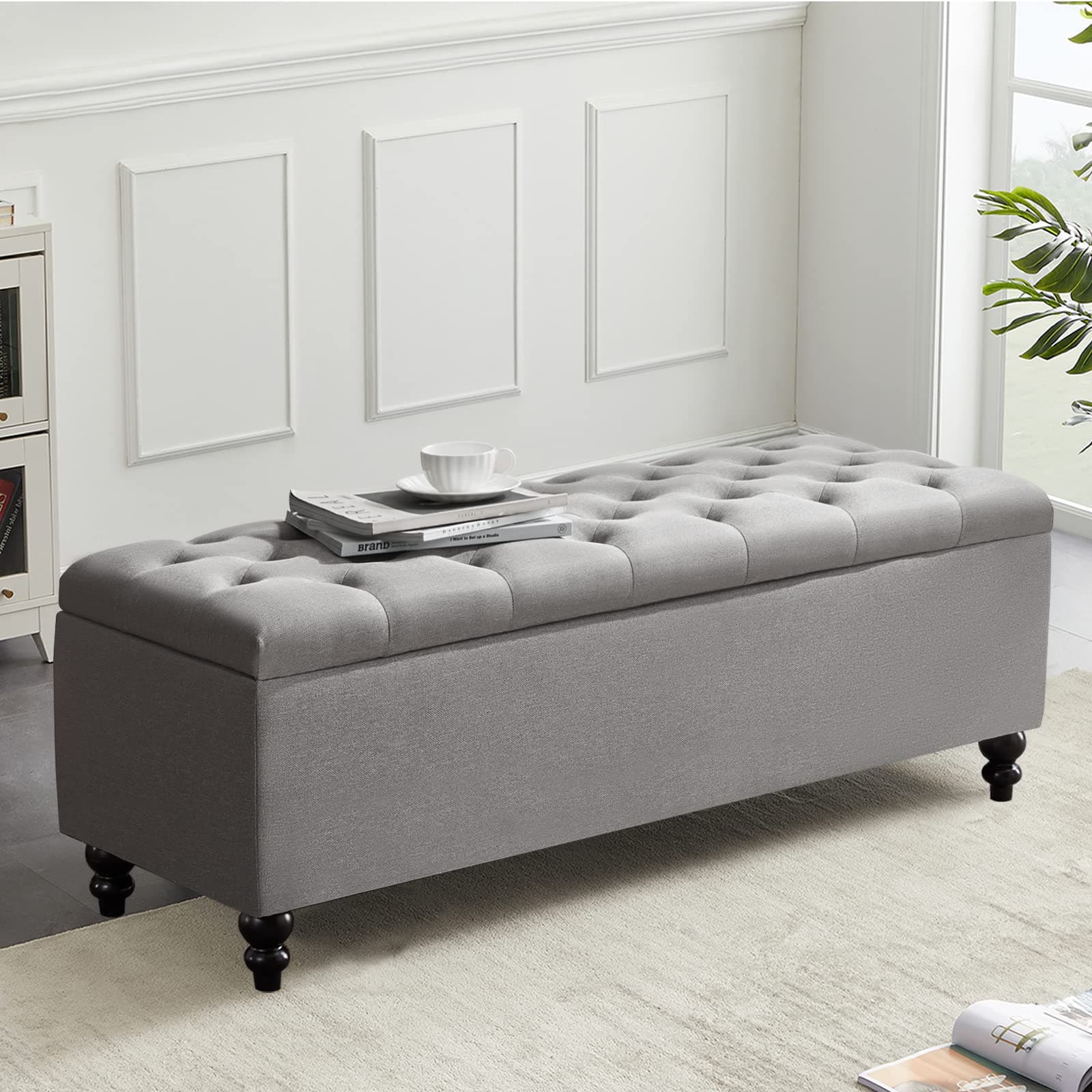 Upholstered Fabric Storage Ottoman Bench - 50.2 Inches, Button Tufted, Grey