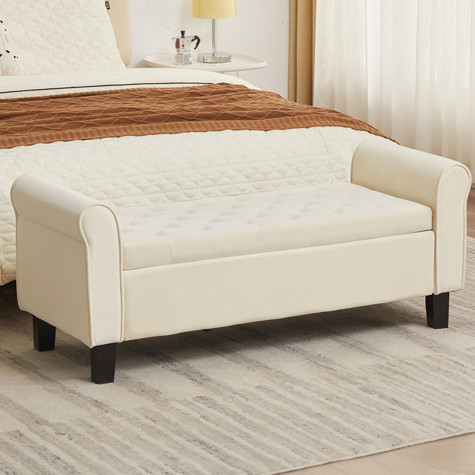 51'' Tufted Upholstered Storage Bench for Bedroom Living Room, Off White Velvet