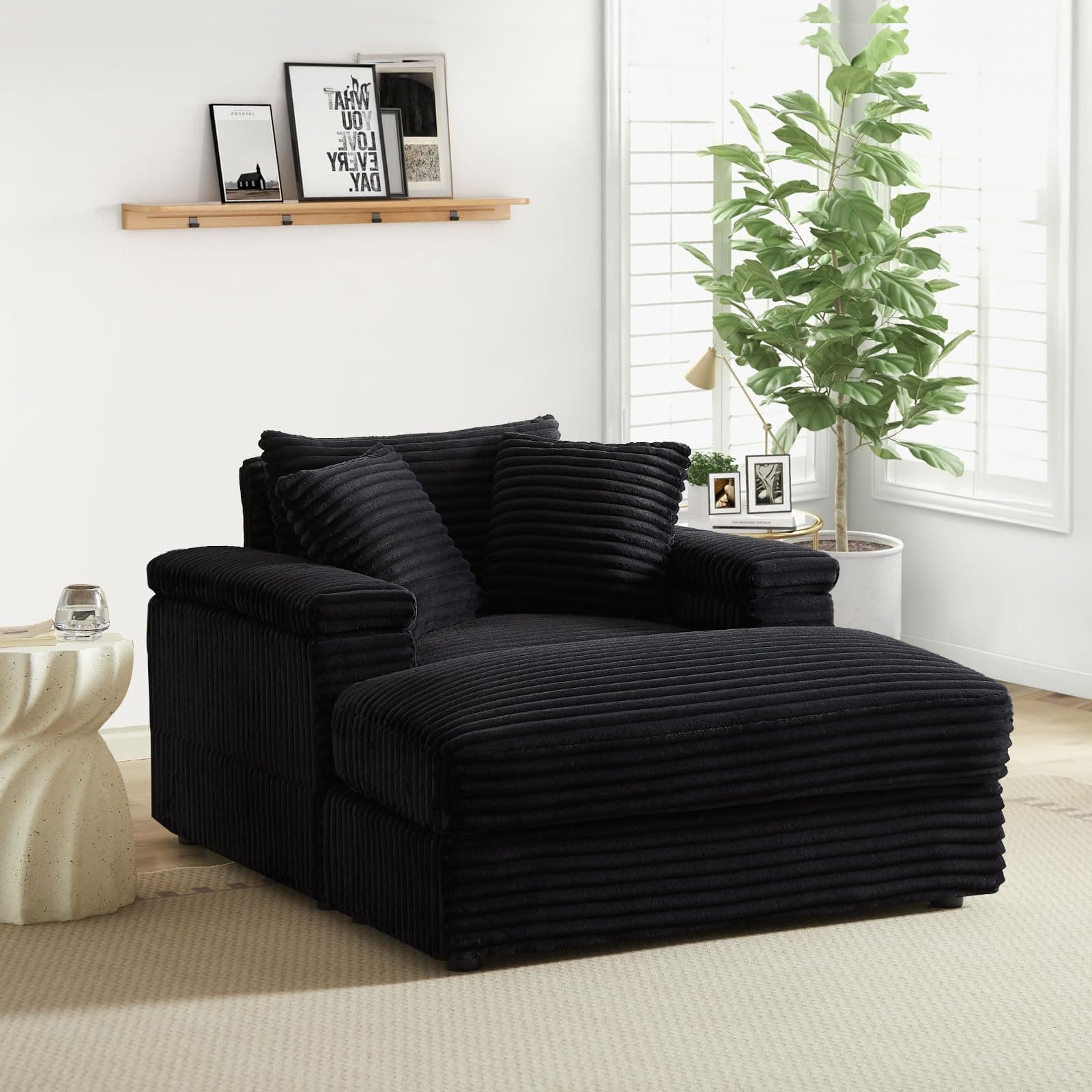 Modern Oversized Chaise Lounge Chair with Ottoman, Corduroy Upholstered, Black (1 Seater)