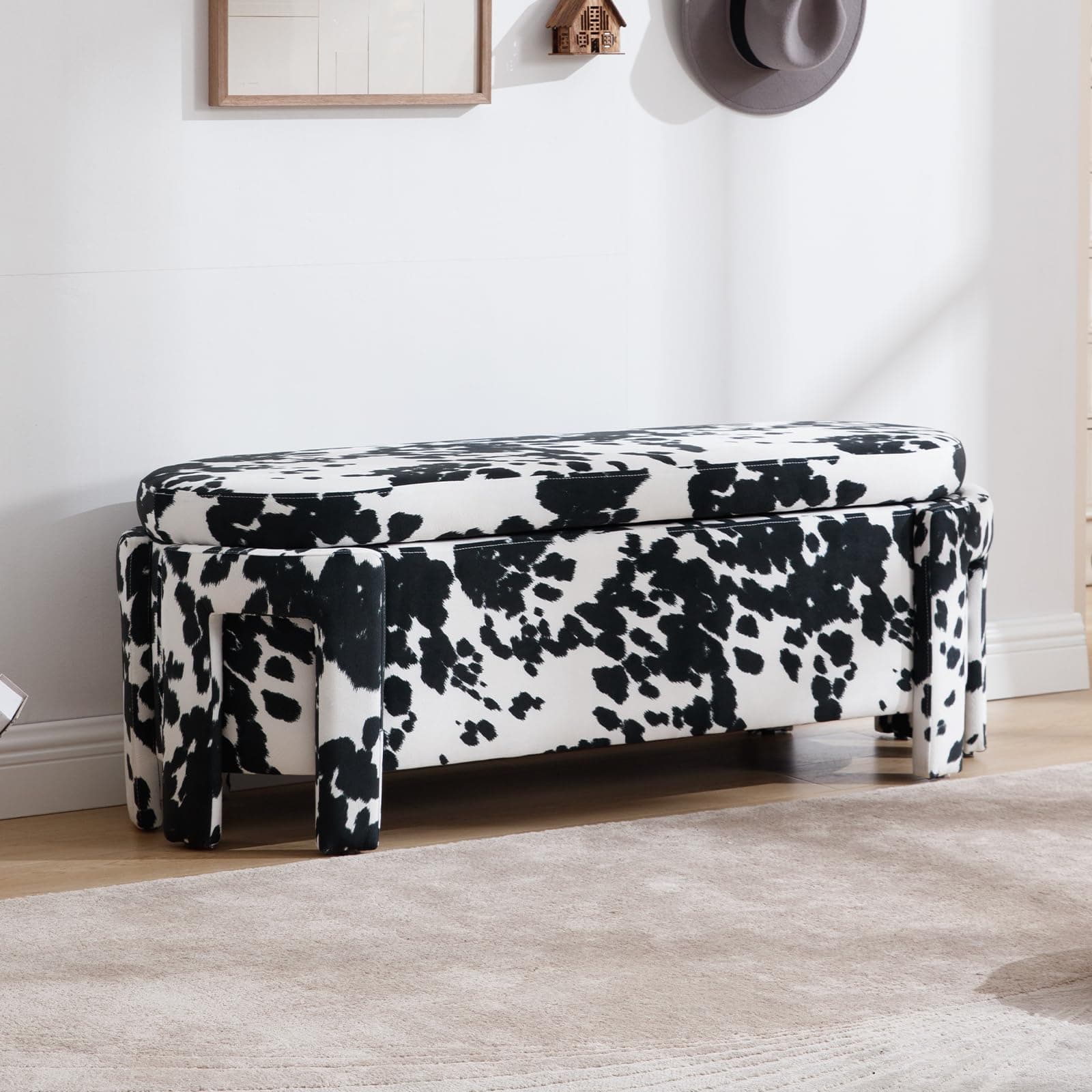 Modern Upholstered Storage Bench, Velvet Fabric 47 Long Entryway Bench with Storage and Seating, Cow Pattern