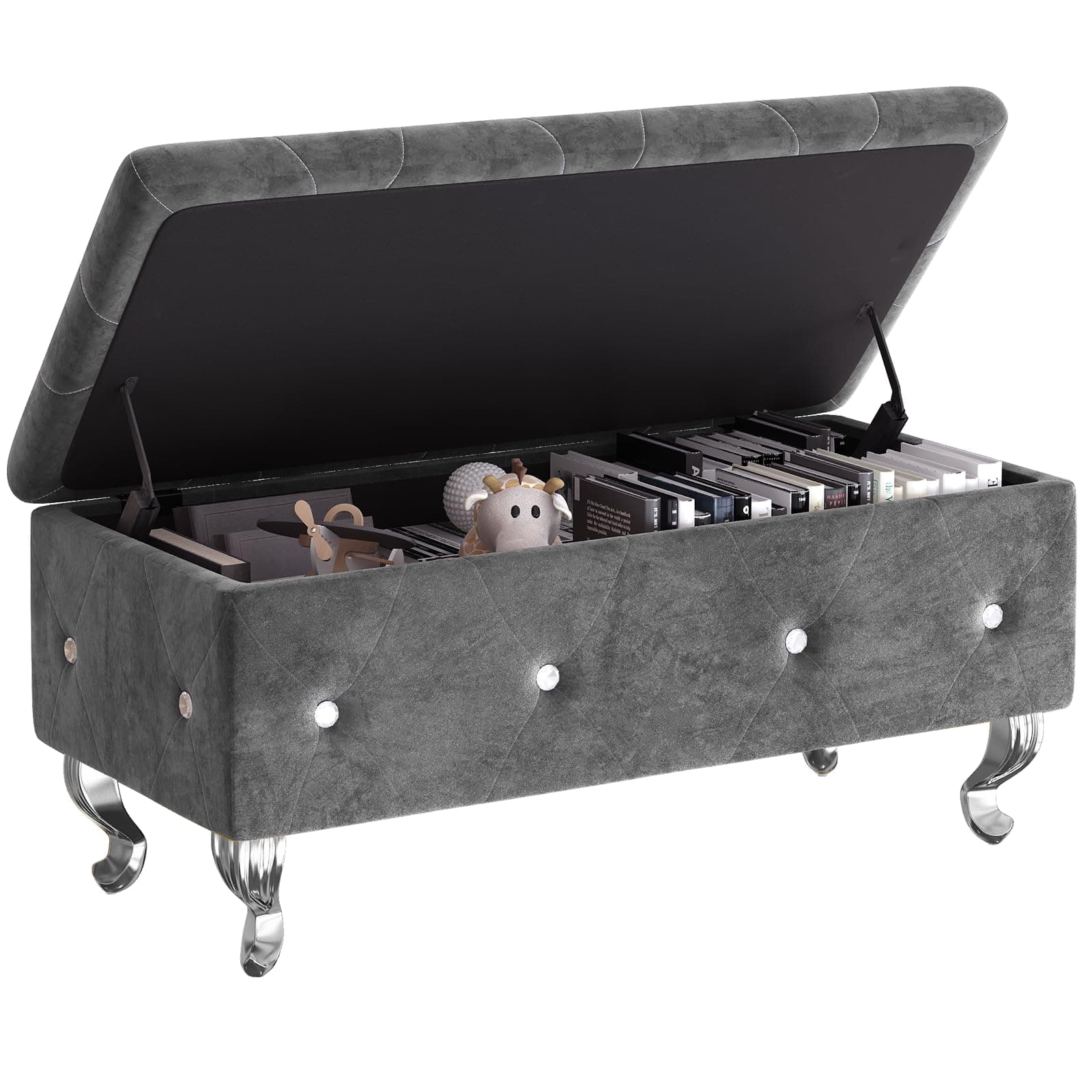 Velvet Upholstered Storage Bench with Safety Hinge