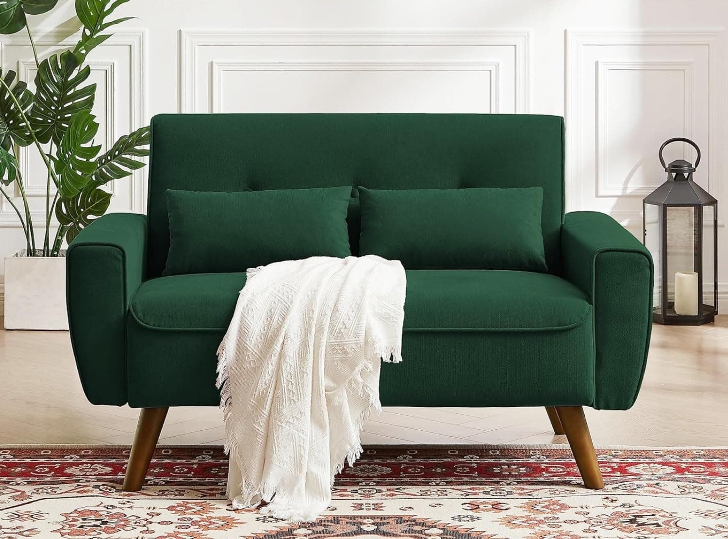 Mid Century Green 2 Seater Loveseat with Wooden Legs