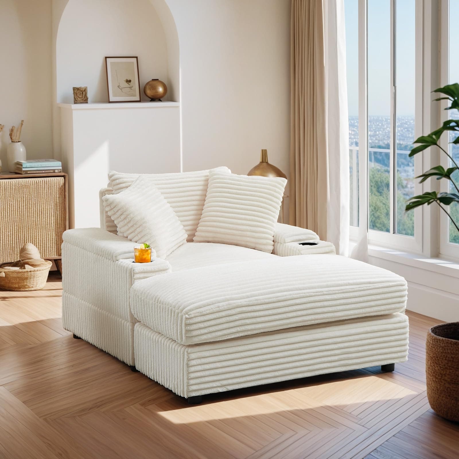Oversized Chaise Lounge Chair with Ottoman, Corduroy Upholstered Sofa Couch, Storage Spaces&Cup Holder, Reclining Sleeper Chair for Living Room, Office.