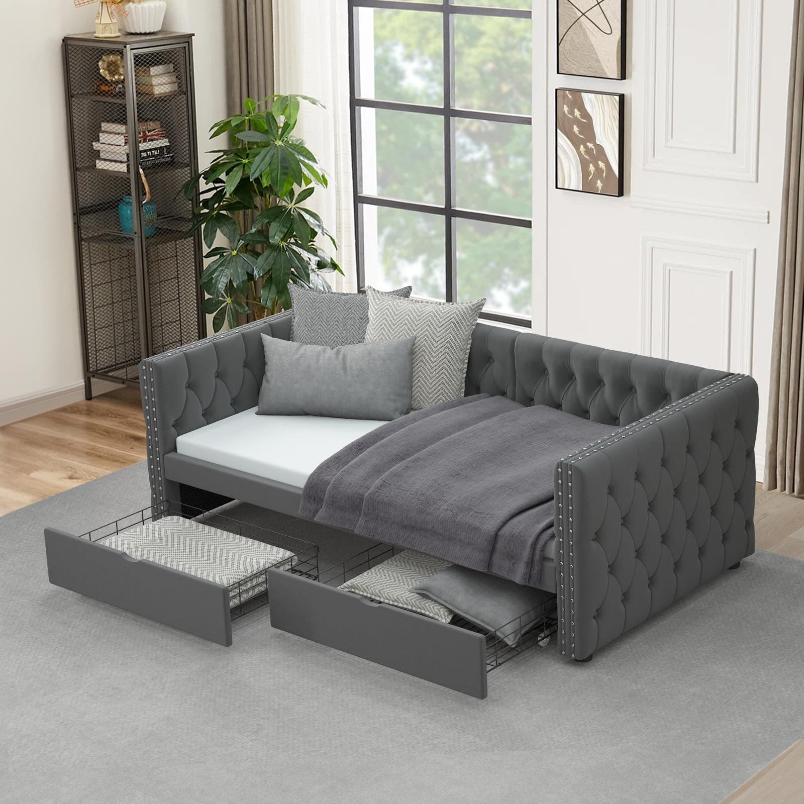 Velvet Upholstered Twin Daybed with Storage Drawers and Nailhead Trim