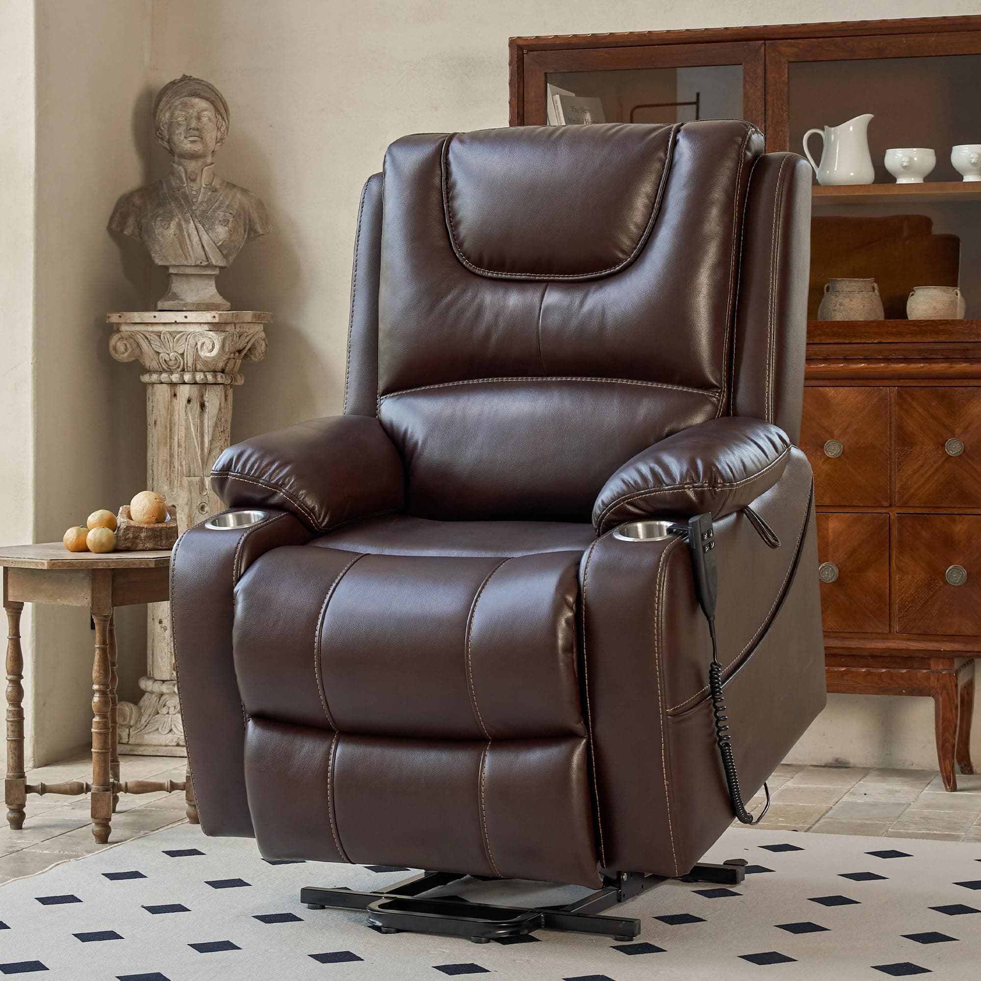 Large Power Lift Recliner Chair for Elderly with Heat Massage Electric Lift and Cup Holder