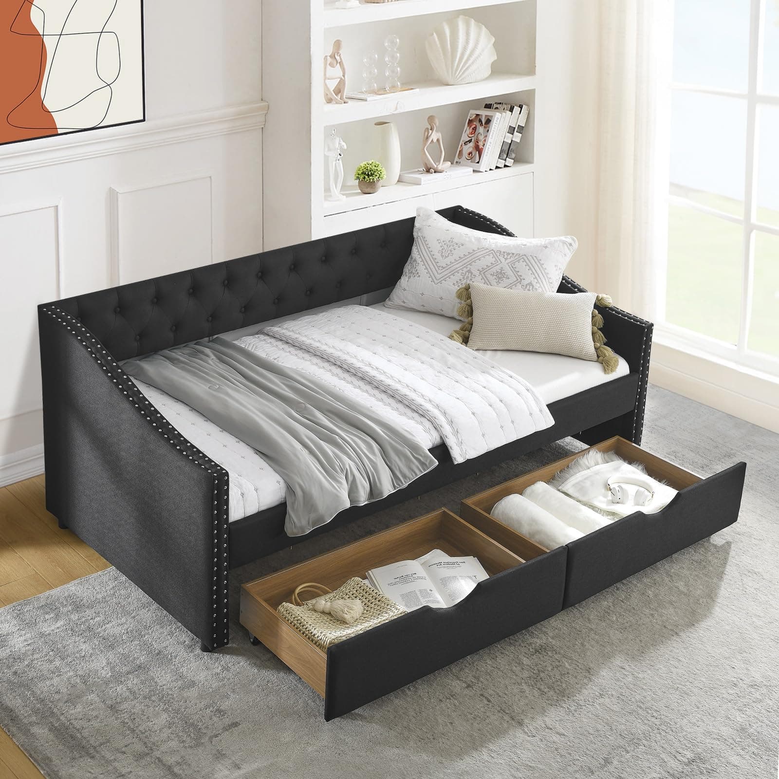 JEEOHEY Daybed with Storage, Linen Twin Sofa Bed with Nailhead Trim & 2 Drawers (Black)