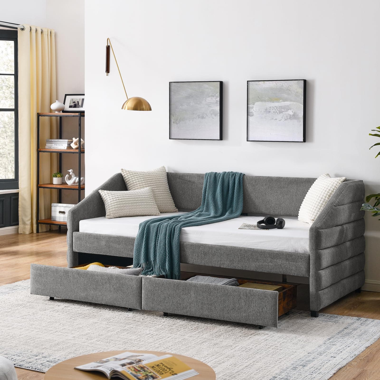 Modern Upholstered Daybed with Storage and Trundle Frame, Grey