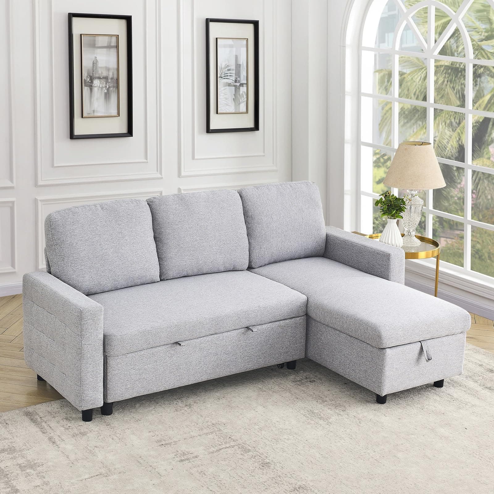 Linen L Shape Convertible Sectional Sofa with Pull Out Bed and Storage Chaise