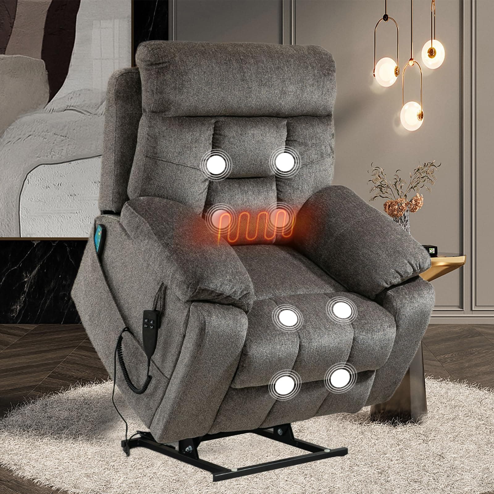 Power Lift Recliner Chair with Massage and Heat for Elderly, Oversized Boy Lazy Electric Recliner - Dark Grey