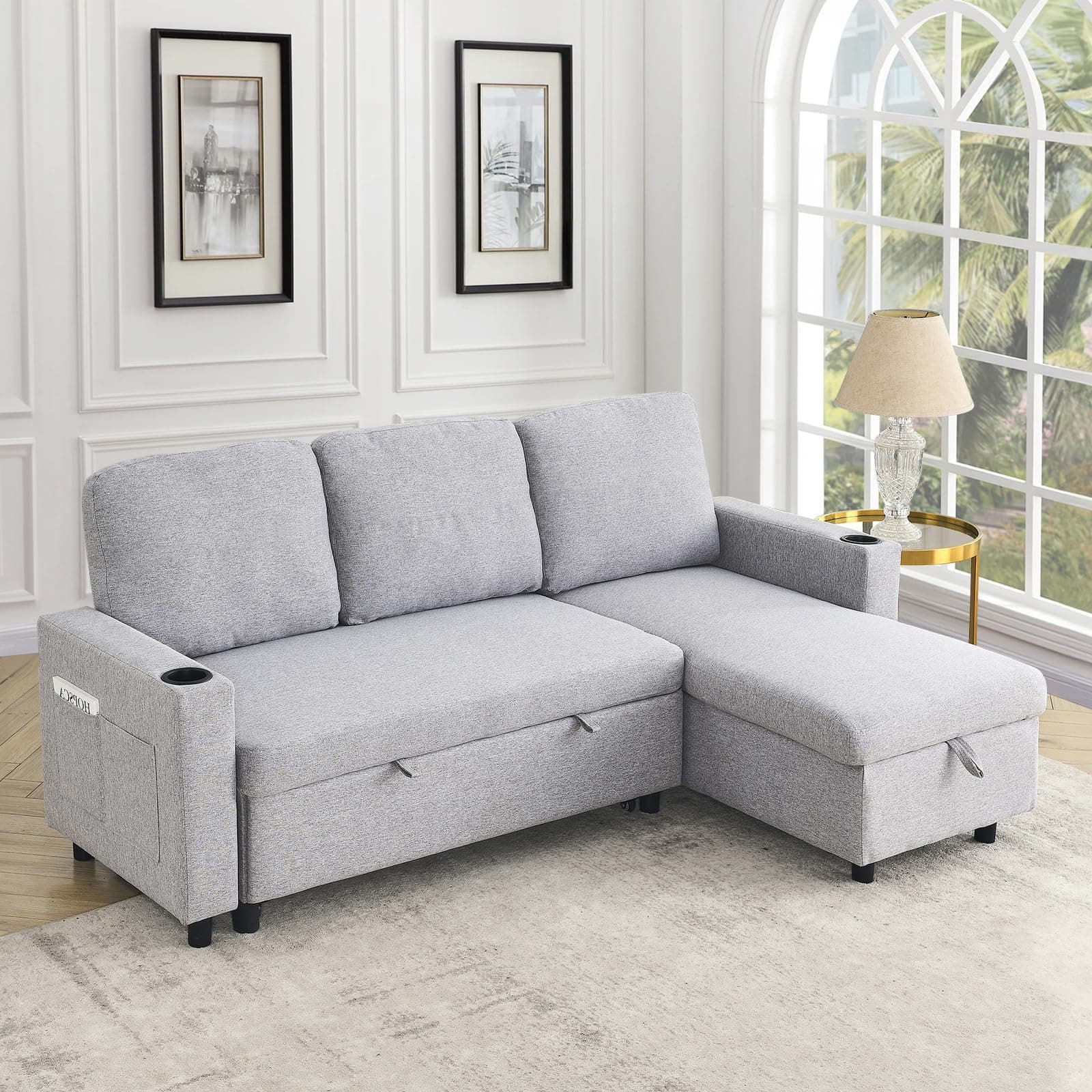 Linen L Shape Couch Sofa with Storage Chaise&Sleeper Pull Out Bed