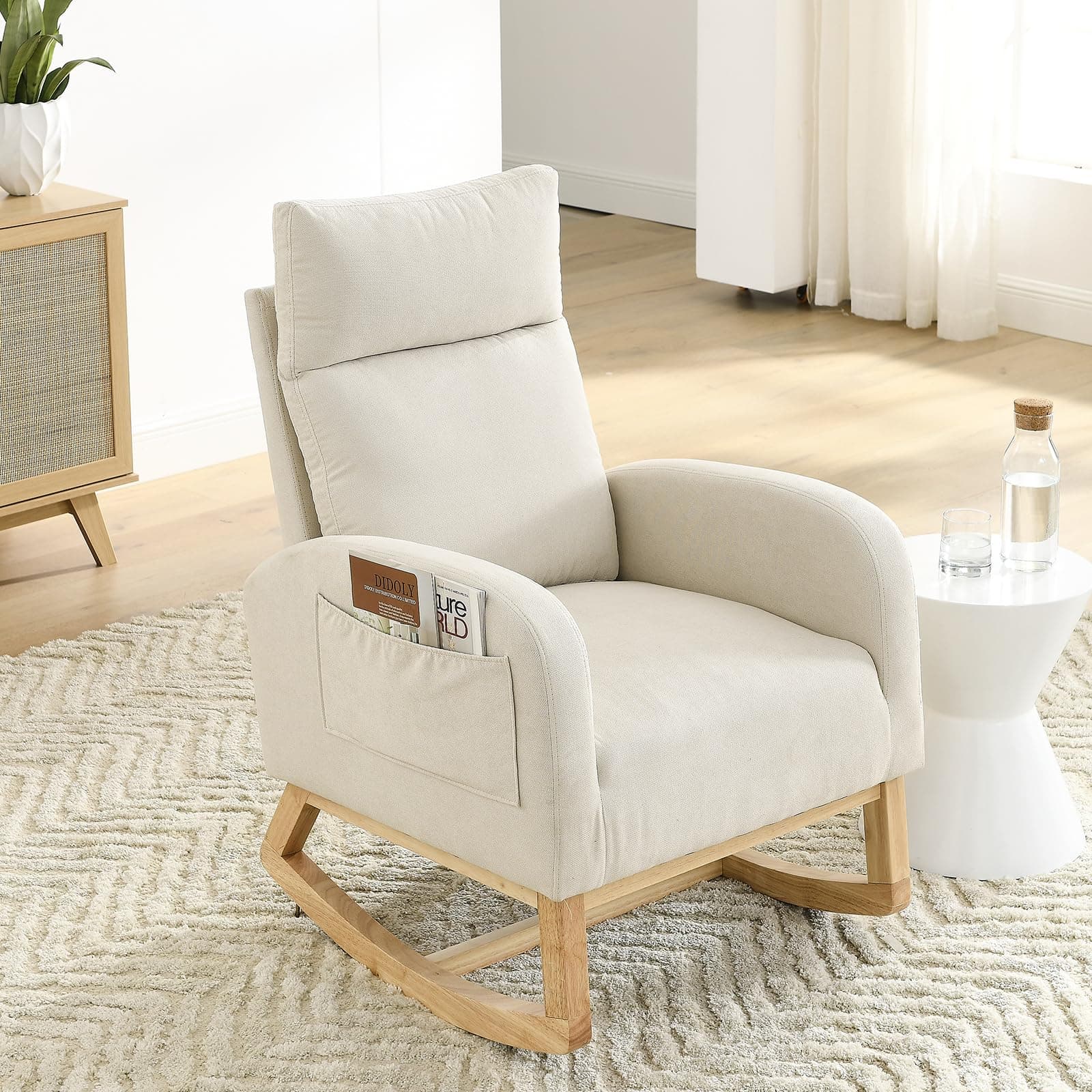 Modern Nursery Rocking Chair with Side Pockets & Solid Wood Legs (Fabric-Beige)