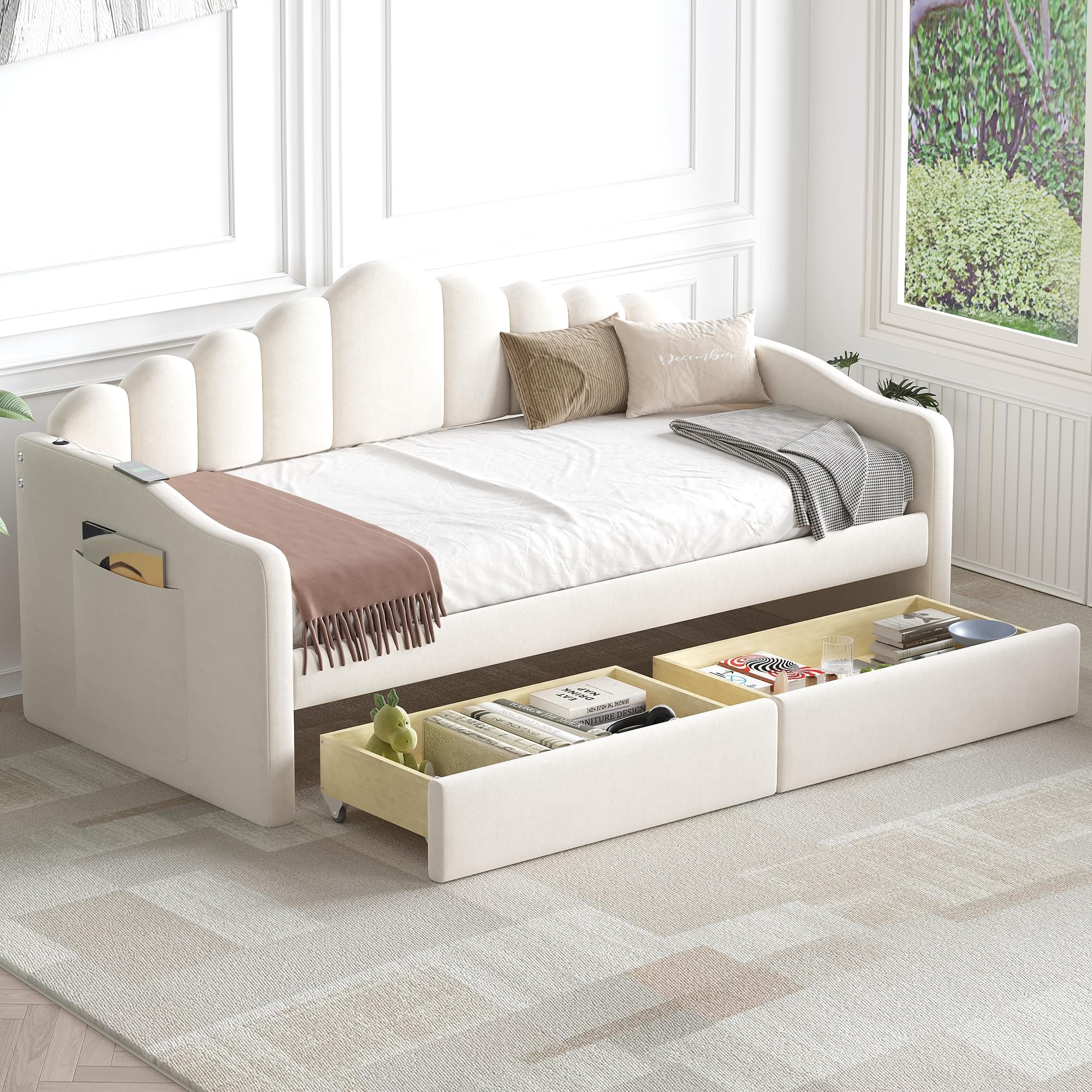 Velvet Upholstered Twin Daybed with Drawers, USB Ports, and Storage Pockets - Beige
