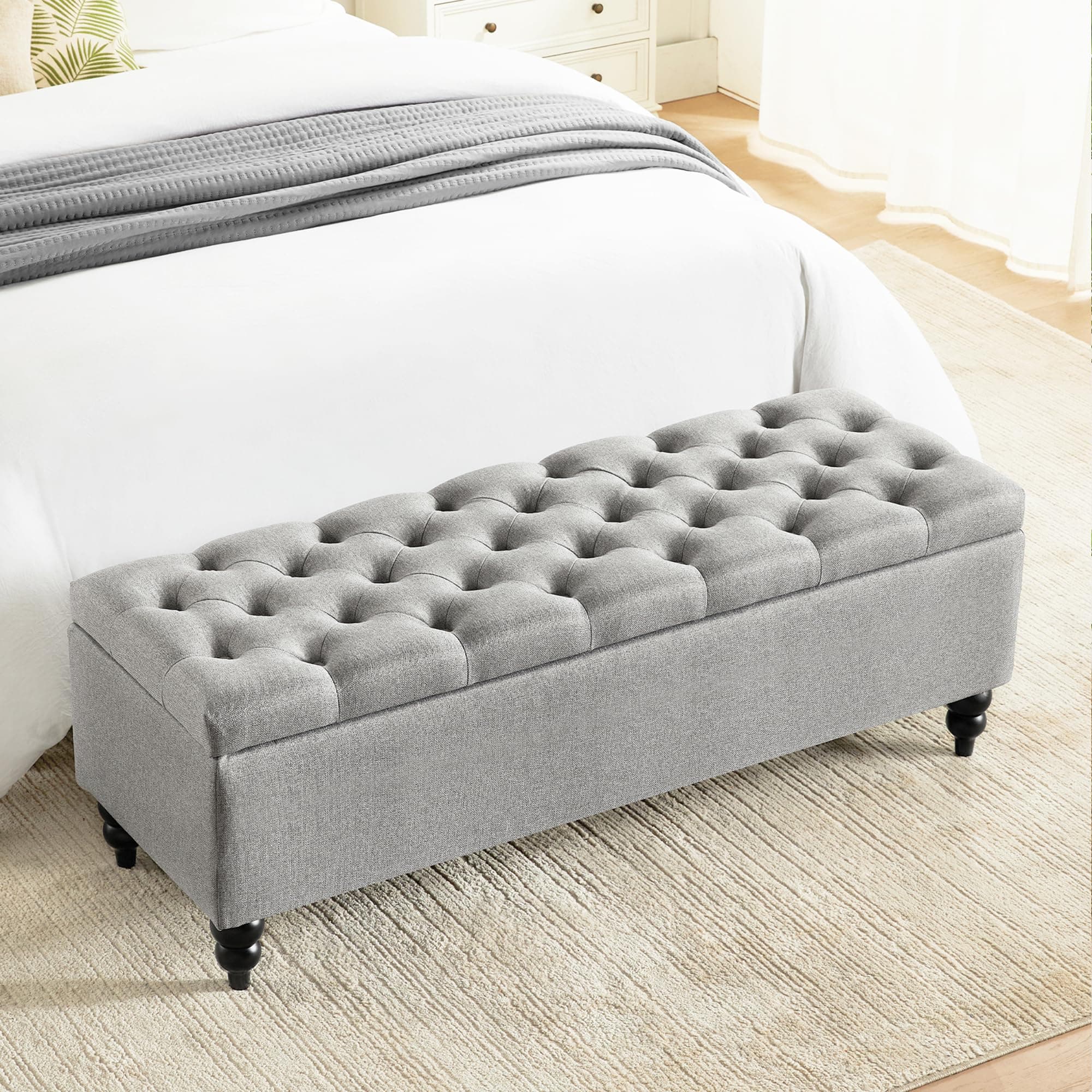 End of Bed Storage Ottoman Bench, Button Tufted Upholstered - Grey