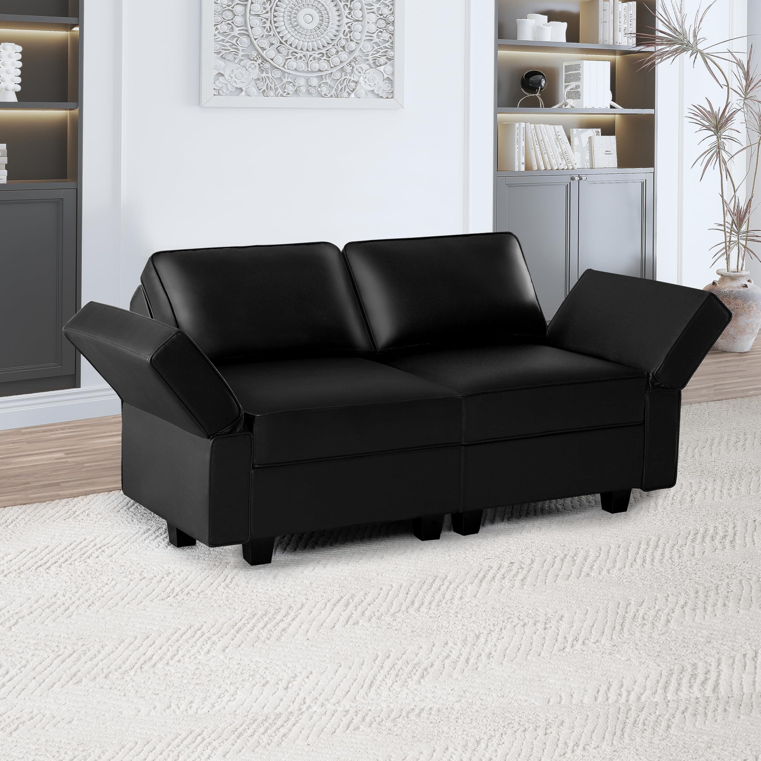 Naomi Home Sarah Black Modular Loveseat with Storage, Air Leather 2 Seaters