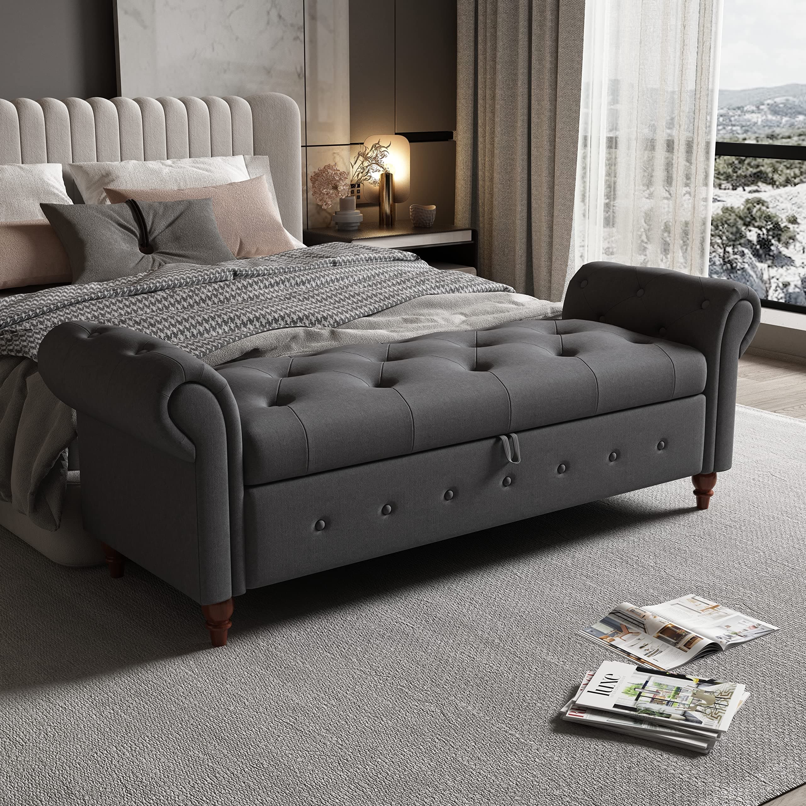 Button Tufted Storage Bench for Bedroom, Linen Fabric Upholstered Ottoman Bench (Dark Grey)